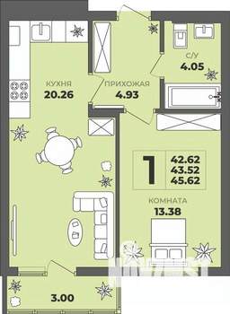 1-к квартира, строящийся дом, 44м2, 7/8 этаж