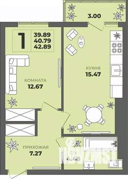 1-к квартира, строящийся дом, 41м2, 6/8 этаж