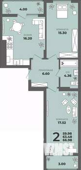 2-к квартира, строящийся дом, 63м2, 6/8 этаж