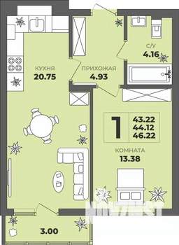 1-к квартира, вторичка, 44м2, 1/8 этаж