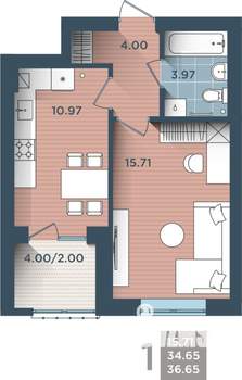 1-к квартира, вторичка, 37м2, 1/4 этаж