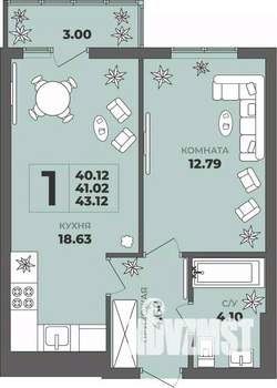 1-к квартира, строящийся дом, 41м2, 7/8 этаж