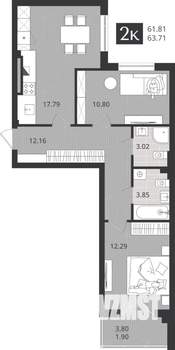 2-к квартира, строящийся дом, 62м2, 1/4 этаж