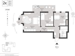 2-к квартира, сданный дом, 65м2, 4/7 этаж