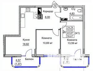 2-к квартира, вторичка, 59м2, 9/9 этаж
