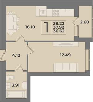 1-к квартира, вторичка, 39м2, 4/9 этаж