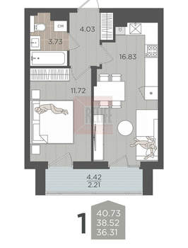 1-к квартира, вторичка, 39м2, 6/9 этаж