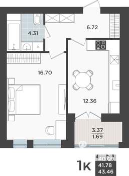 1-к квартира, строящийся дом, 42м2, 2/10 этаж