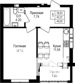 1-к квартира, вторичка, 44м2, 1/8 этаж