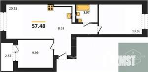2-к квартира, вторичка, 57м2, 1/9 этаж