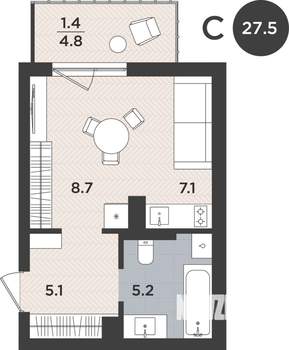 1-к квартира, вторичка, 28м2, 6/9 этаж