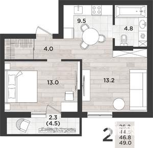 2-к квартира, вторичка, 47м2, 1/12 этаж
