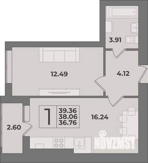 1-к квартира, вторичка, 39м2, 3/9 этаж
