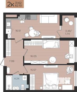 2-к квартира, строящийся дом, 62м2, 4/10 этаж