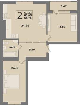 2-к квартира, строящийся дом, 67м2, 6/9 этаж