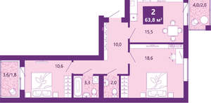 2-к квартира, сданный дом, 65м2, 4/4 этаж