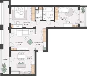 3-к квартира, сданный дом, 94м2, 3/12 этаж