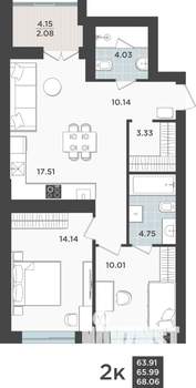2-к квартира, строящийся дом, 66м2, 6/10 этаж