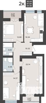 2-к квартира, строящийся дом, 88м2, 1/10 этаж