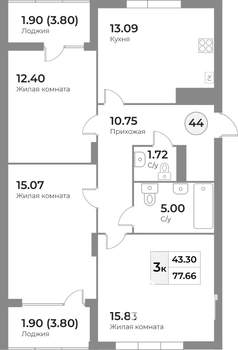 3-к квартира, строящийся дом, 78м2, 3/7 этаж