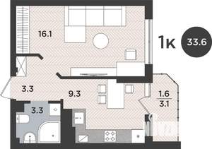 1-к квартира, вторичка, 34м2, 7/9 этаж