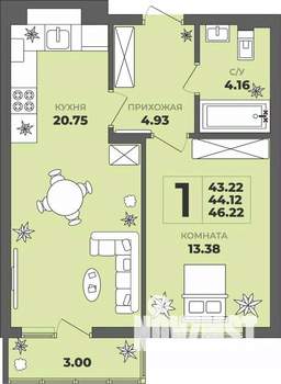 1-к квартира, вторичка, 44м2, 1/8 этаж