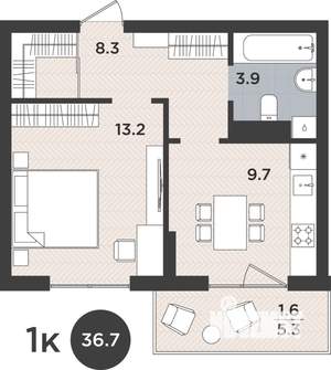 1-к квартира, вторичка, 37м2, 2/9 этаж