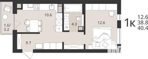 1-к квартира, вторичка, 39м2, 6/9 этаж