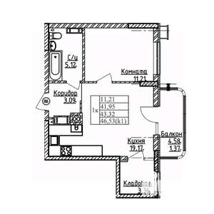 1-к квартира, строящийся дом, 43м2, 2/9 этаж