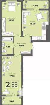 2-к квартира, строящийся дом, 63м2, 5/8 этаж