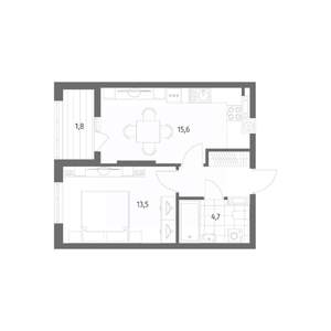 1-к квартира, строящийся дом, 40м2, 4/8 этаж