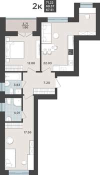 2-к квартира, строящийся дом, 69м2, 4/10 этаж