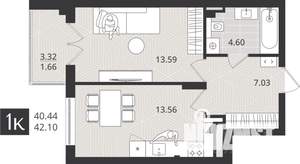 1-к квартира, строящийся дом, 40м2, 3/4 этаж