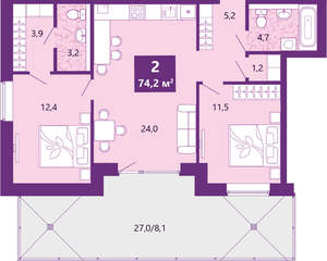 2-к квартира, сданный дом, 76м2, 1/4 этаж