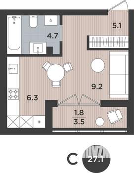 1-к квартира, вторичка, 27м2, 1/9 этаж