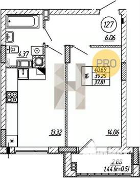 1-к квартира, вторичка, 39м2, 6/9 этаж