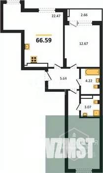 2-к квартира, вторичка, 67м2, 6/9 этаж
