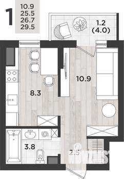 1-к квартира, вторичка, 27м2, 3/12 этаж