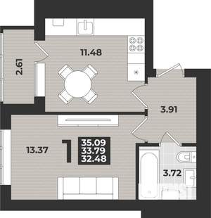 1-к квартира, строящийся дом, 35м2, 4/9 этаж