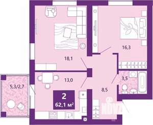 2-к квартира, вторичка, 62м2, 3/4 этаж