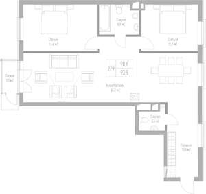 2-к квартира, вторичка, 94м2, 3/7 этаж