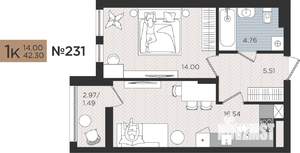 1-к квартира, вторичка, 42м2, 4/10 этаж