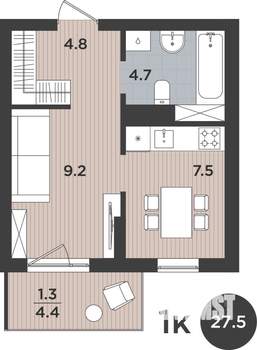 1-к квартира, вторичка, 28м2, 9/9 этаж