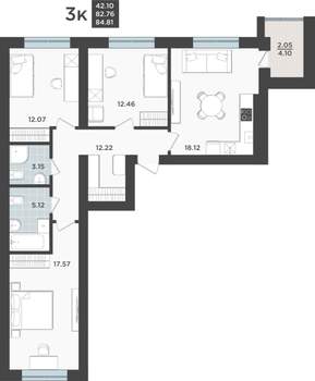 3-к квартира, строящийся дом, 83м2, 6/9 этаж