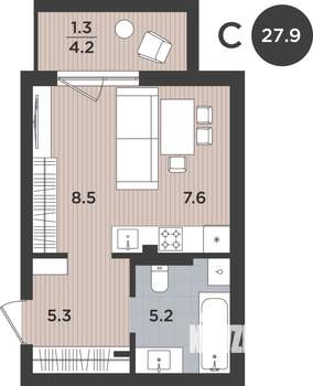 1-к квартира, вторичка, 28м2, 1/9 этаж