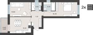 2-к квартира, строящийся дом, 62м2, 4/10 этаж