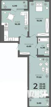 2-к квартира, строящийся дом, 63м2, 2/8 этаж