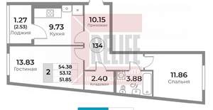 2-к квартира, вторичка, 53м2, 8/10 этаж
