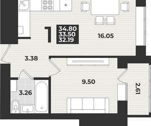 1-к квартира, вторичка, 35м2, 1/9 этаж