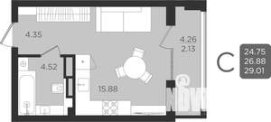 1-к квартира, строящийся дом, 27м2, 7/9 этаж